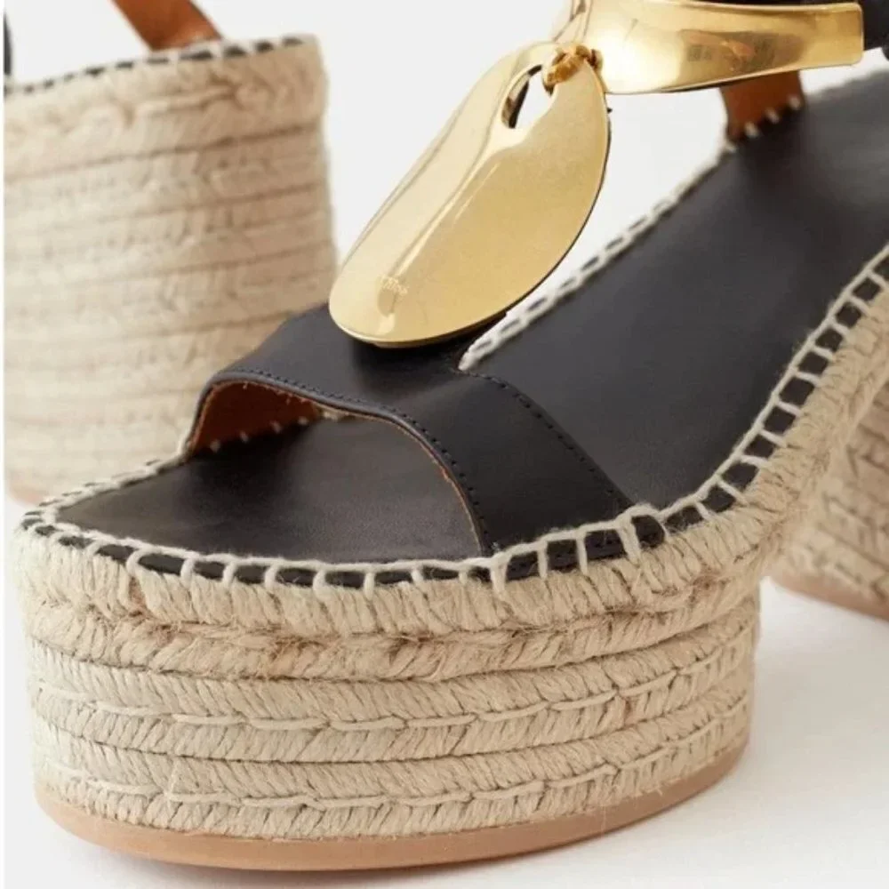 🌟 CHLOE Pema Black Leather Gold Medallion Espadrille Heeled Platform Sandals
